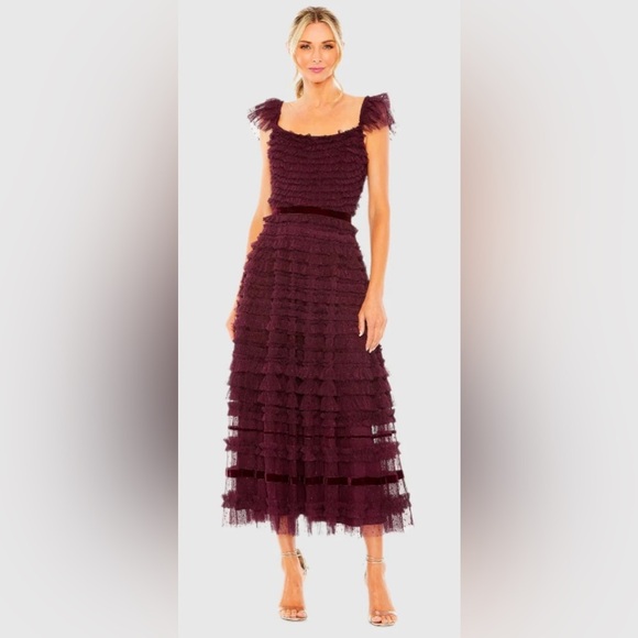 MAC DUGGAL 8054 NWT Ruffle Cap Sleeve Tiered Midi Dress - Picture 2 of 10